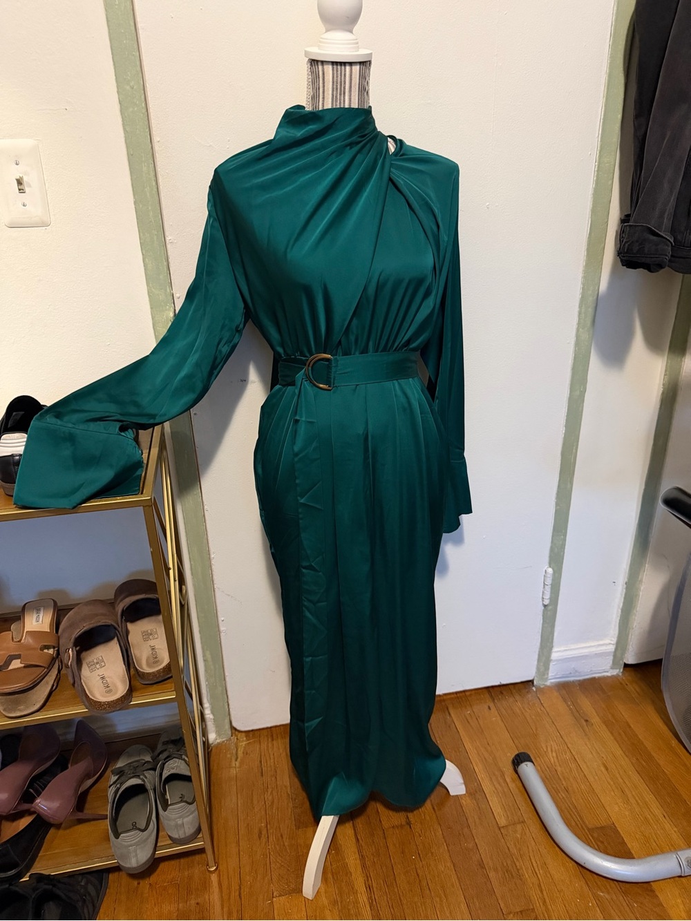 Draped Teal Green Long-Sleeve Maxi Dress with Belt